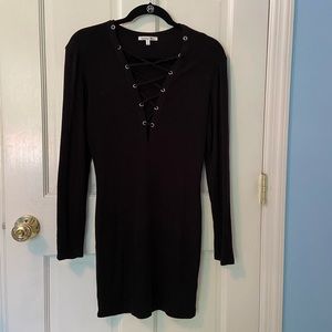 Black dress with adjustable front cross